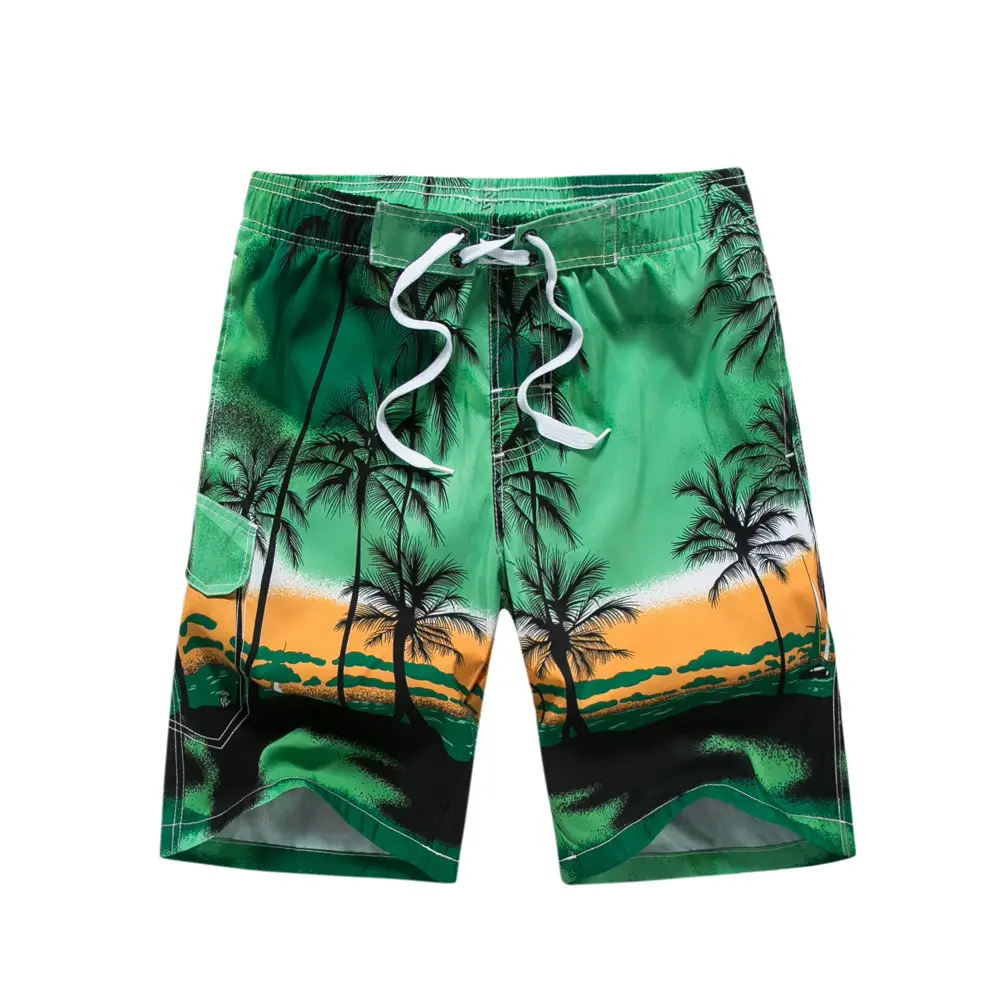 Men Loose Beach Shorts Green Coconut Tree Print