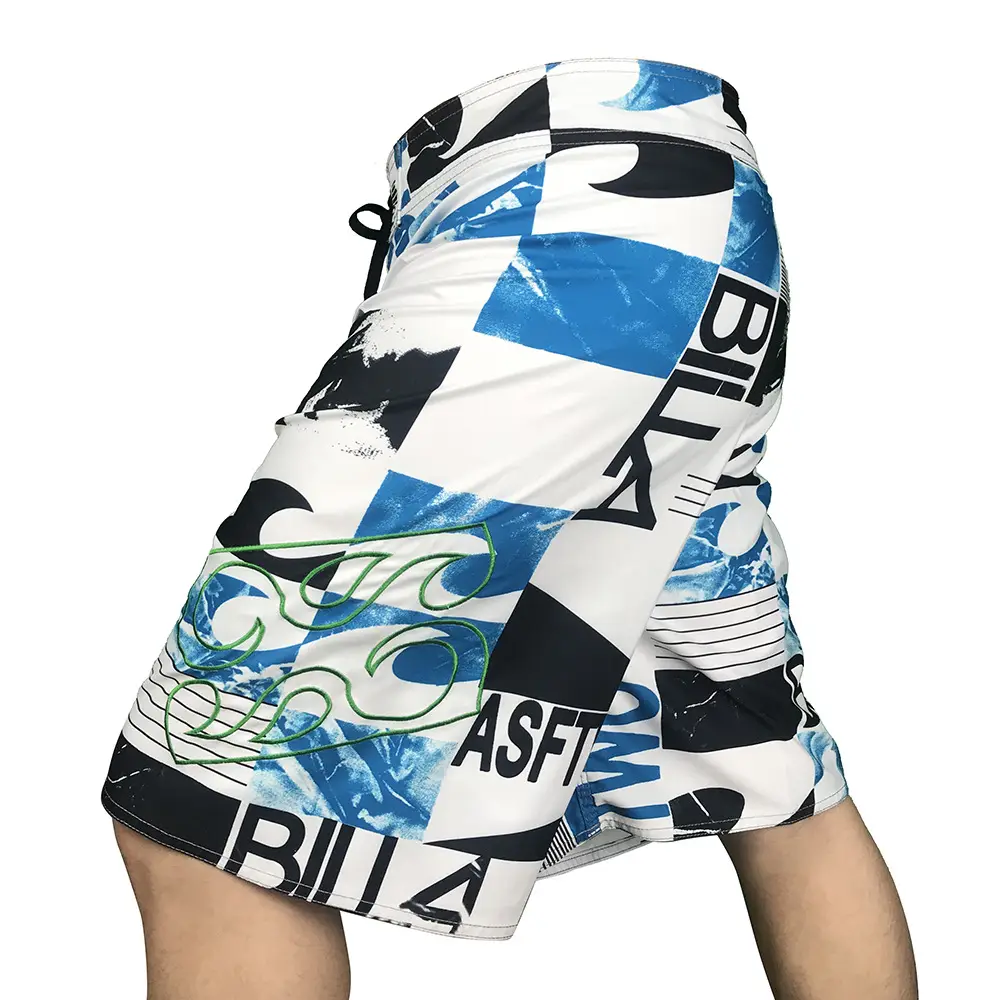 Men Quick-Dry Surf Beach Shorts Blue Black Pattern