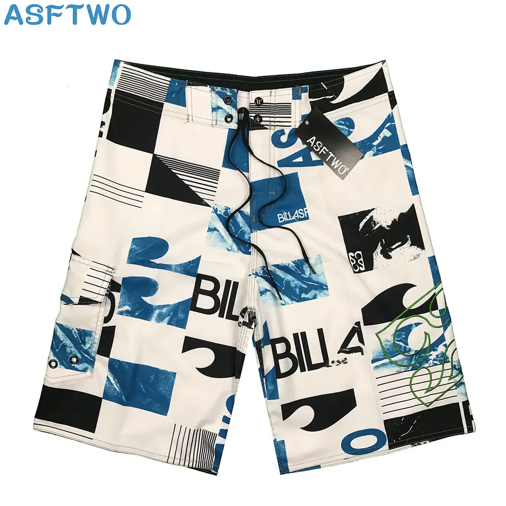 Men Quick-Dry Surf Beach Shorts Blue Black Pattern