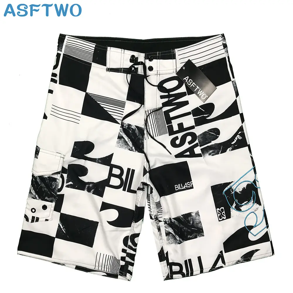 Men Quick-Dry Surf Beach Shorts Blue Black Pattern