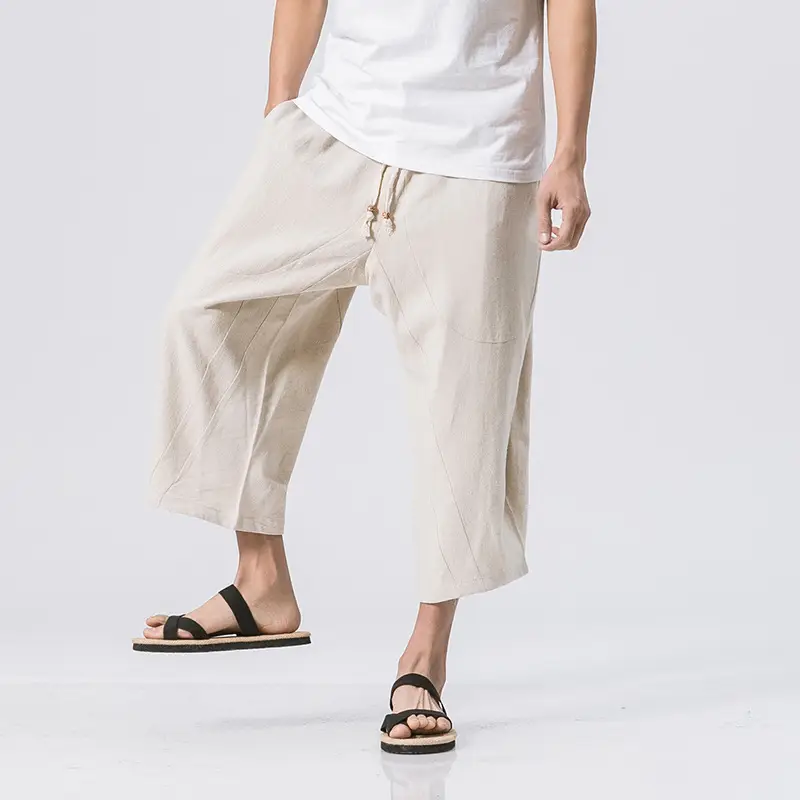 Men Loose Cotton Linen Pants Grey Summer Casual