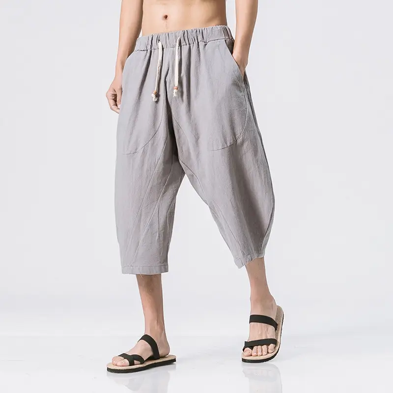 Men Loose Cotton Linen Pants Grey Summer Casual