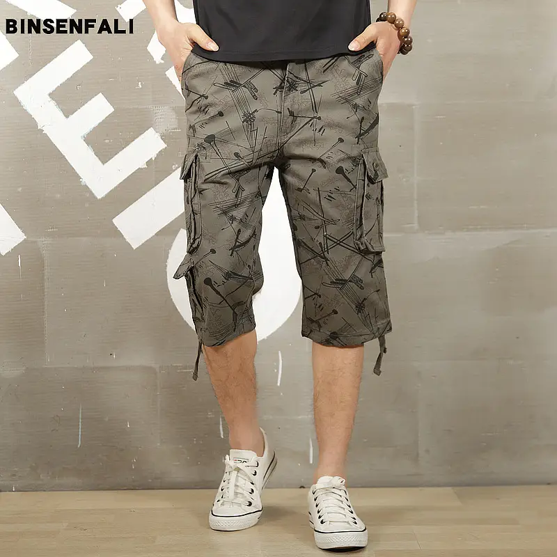 Men Cotton Khaki Capri Pants Loose Summer Work
