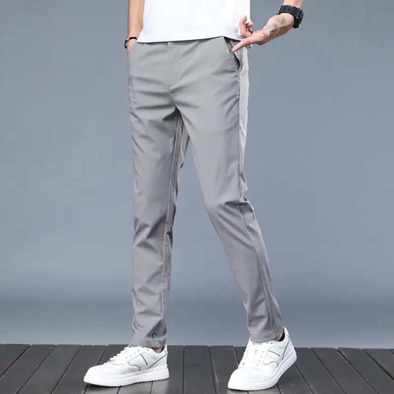 Men Slim Fit Breathable Casual Pants Grey Summer