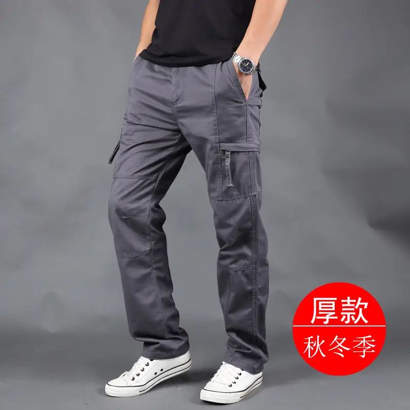 Men Multi Pocket Loose Gray Pants Plus Size Spring