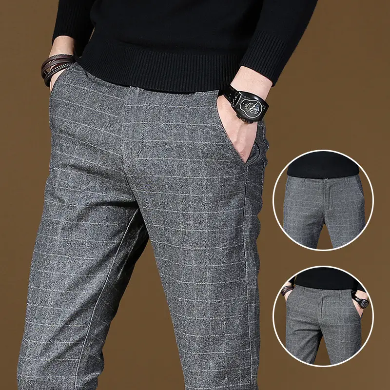 Men Plaid Casual Pants Autumn Grey Korean Style