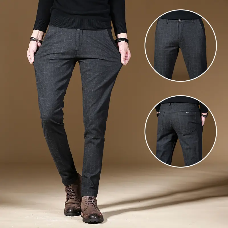 Men Plaid Casual Pants Autumn Grey Korean Style