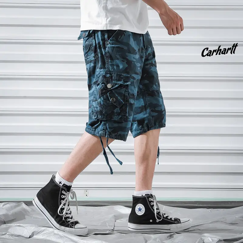 Pink Camo Capri Shorts for Men with Drawstring Hem