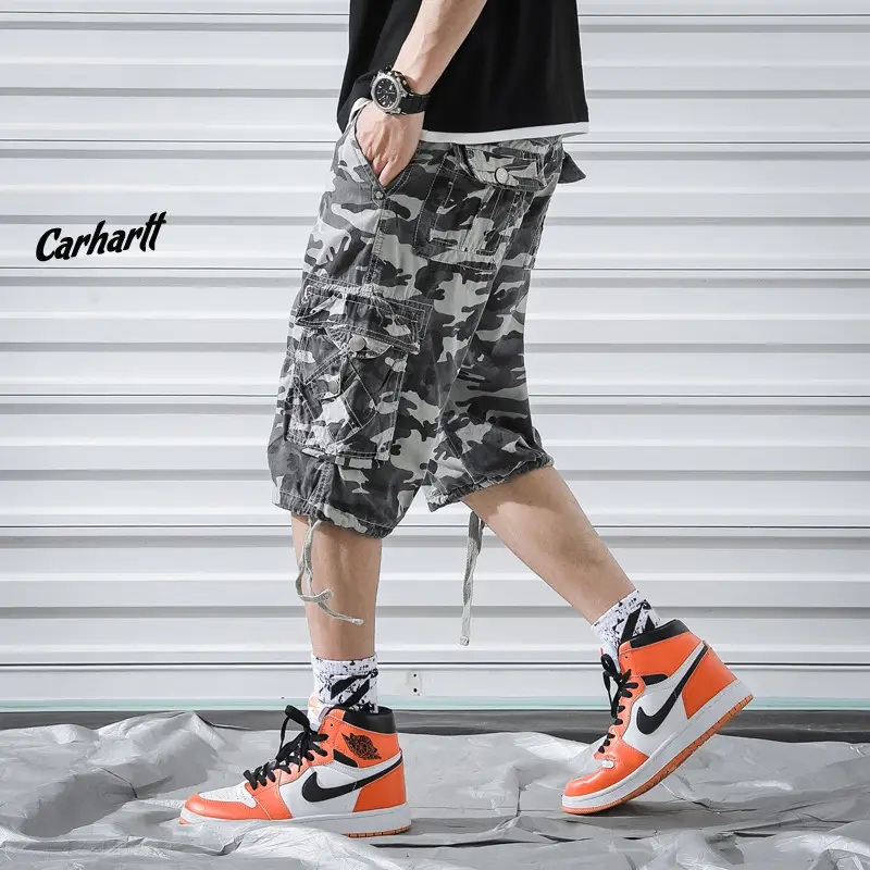 Pink Camo Capri Shorts for Men with Drawstring Hem