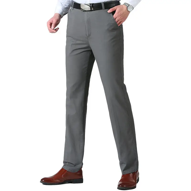 Men Cotton Casual Pants Grey Plus Size High Waist