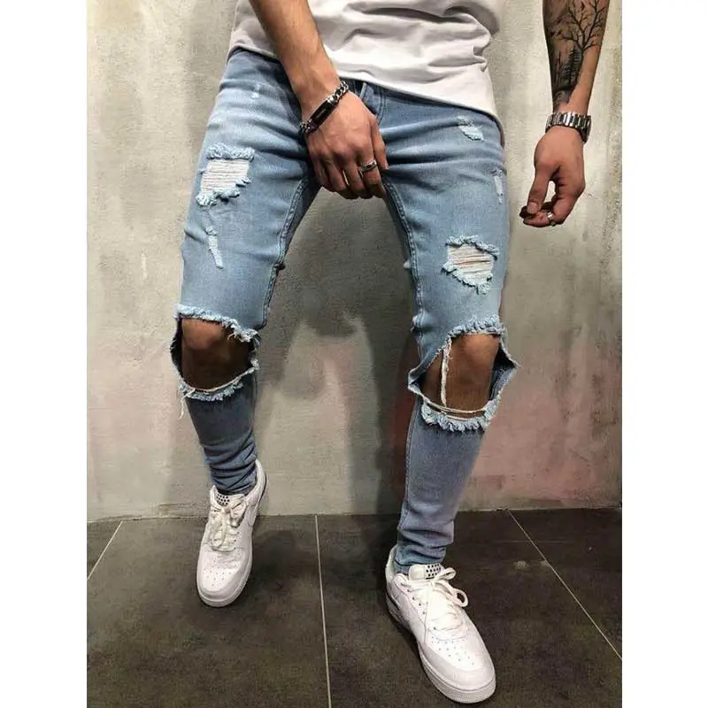 Men Ripped Slim Fit Jeans Light Blue New