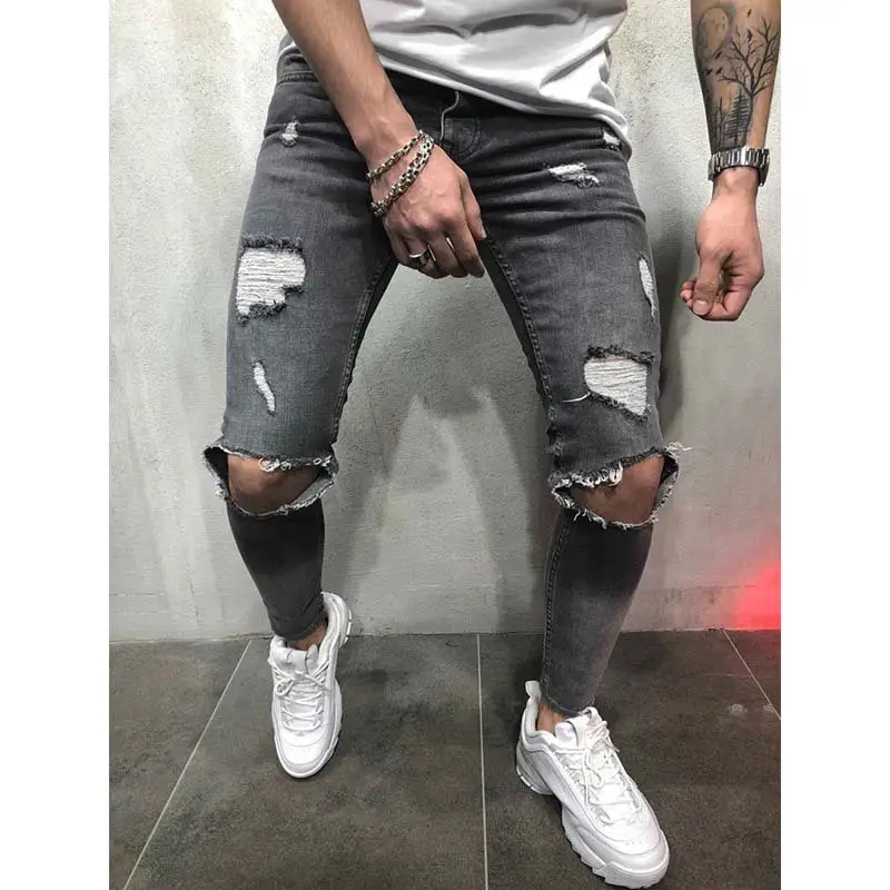 Men Ripped Slim Fit Jeans Light Blue New