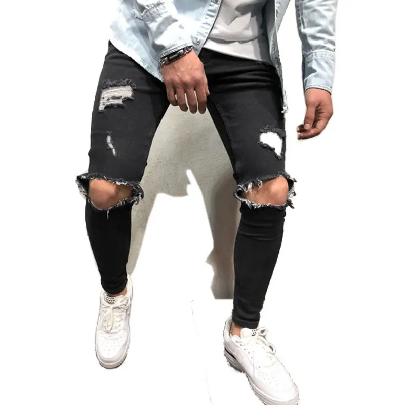 Men Ripped Slim Fit Jeans Light Blue New