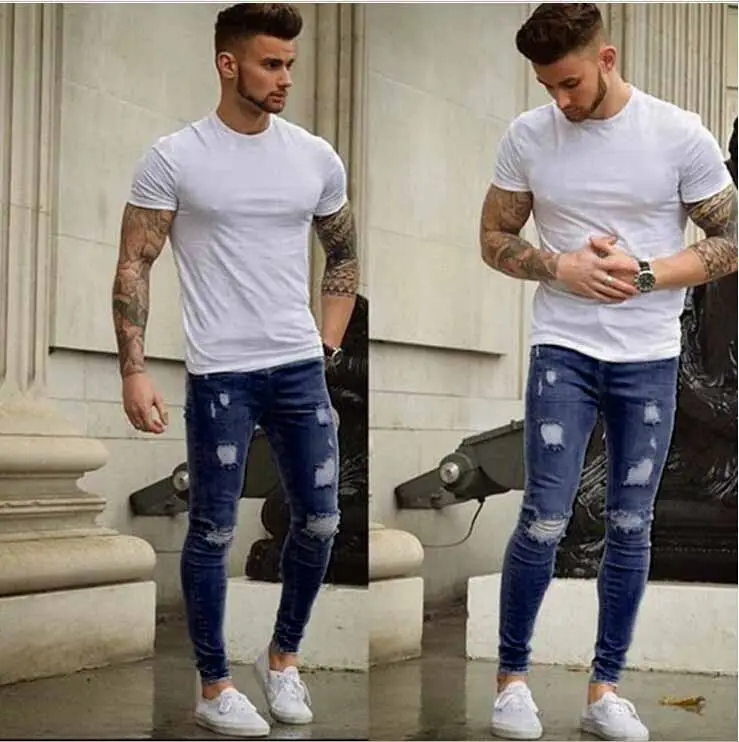Men Slim Fit Ripped Denim Jeans White