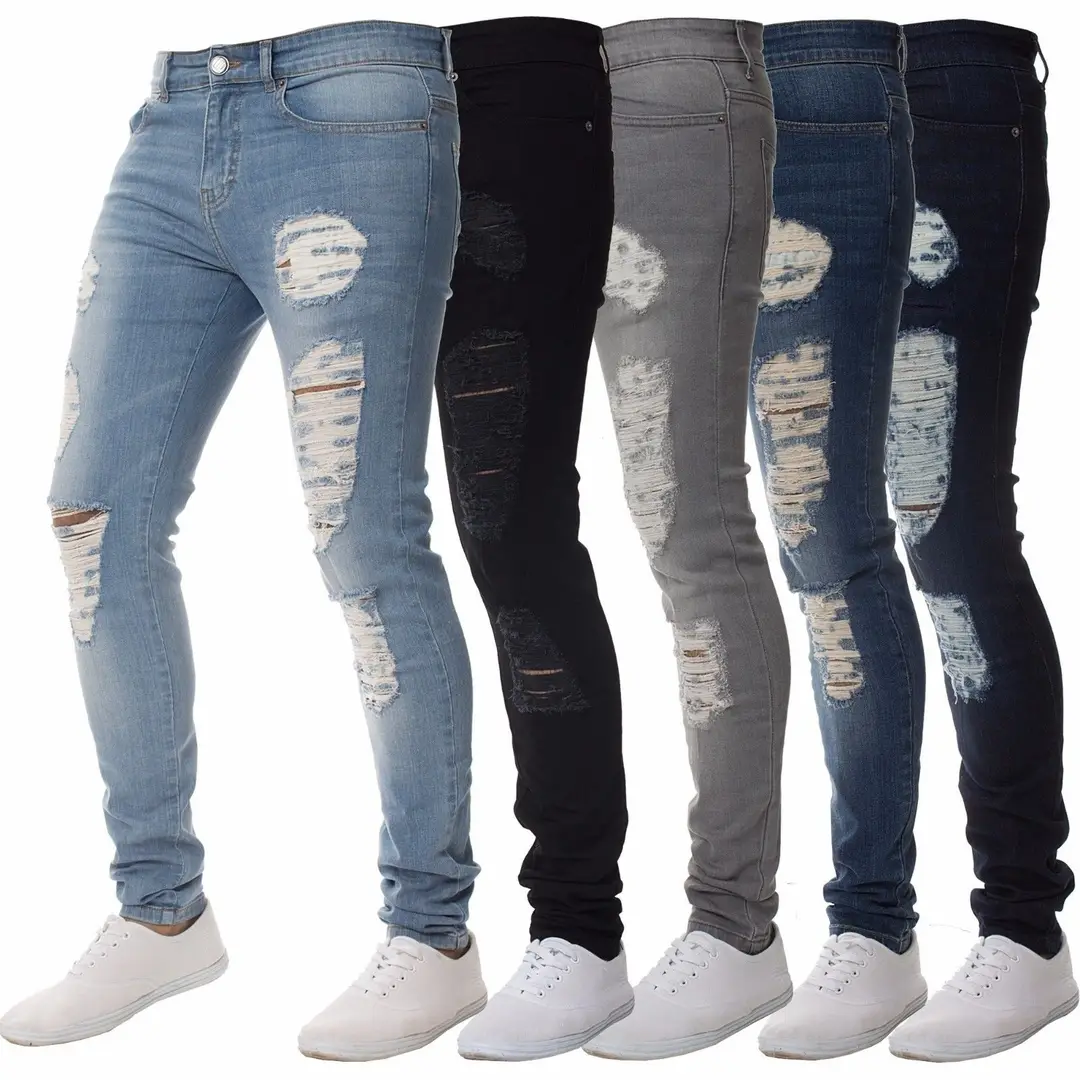 Men's Ripped Slim Fit Jeans Multi Color High Waist New