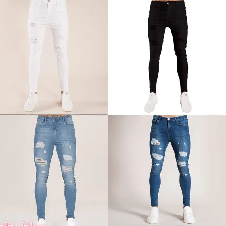 Men Ripped Slim Fit High Waist Jeans White Black Blue Autumn