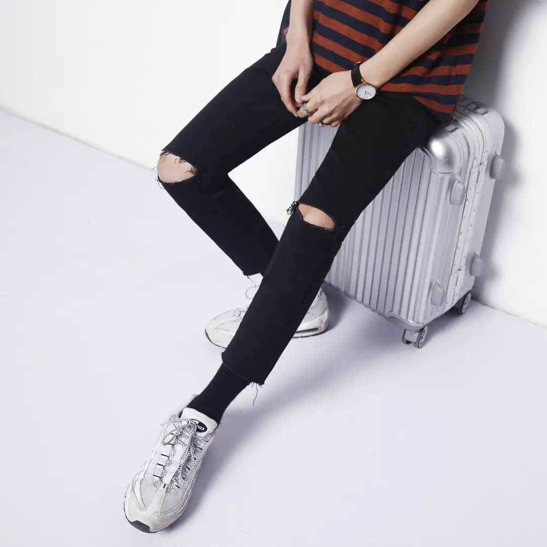 Men Black Ripped Pencil Jeans Korean Style