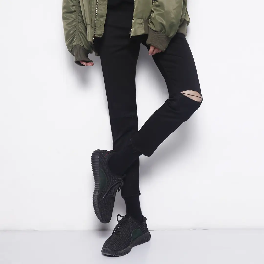 Men Black Ripped Pencil Jeans Korean Style