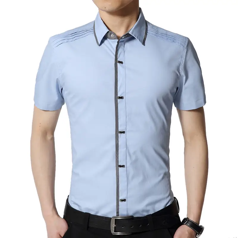 Men Slim Fit Short Sleeve Blue Shirt Trendy Casual Formal Wear