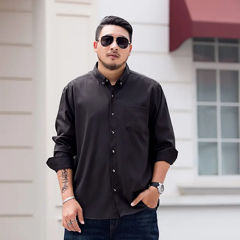 Plus Size Black Loose Fit Men's Autumn Casual Shirt