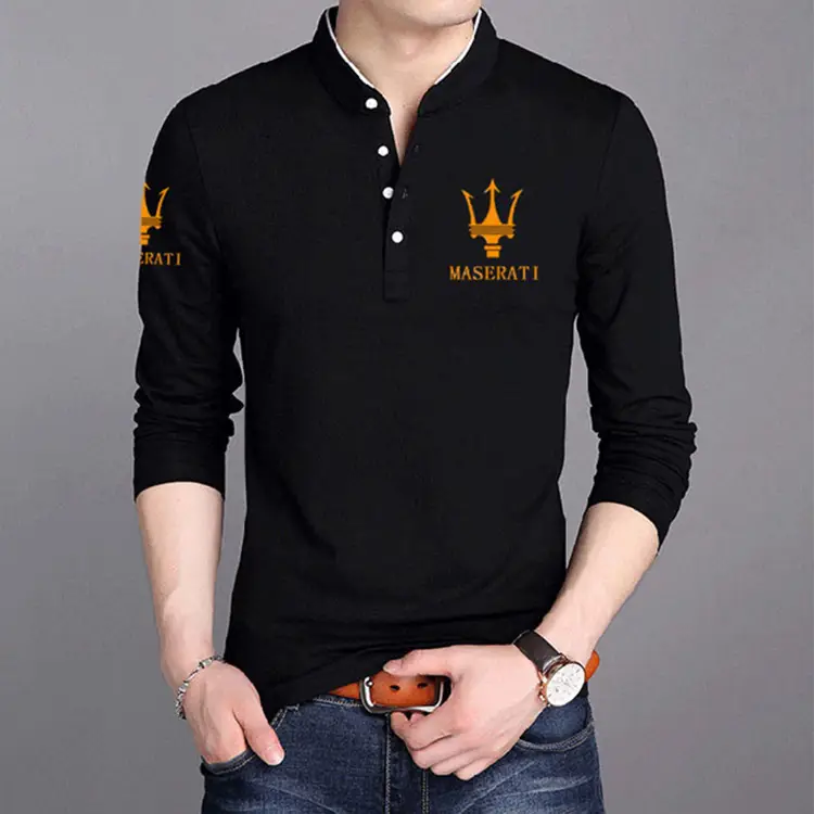 Men Long Sleeve Stand Collar Cotton Printed T-Shirt Large