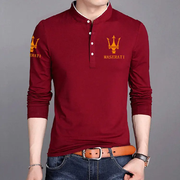 Men Long Sleeve Stand Collar Cotton Printed T-Shirt Large