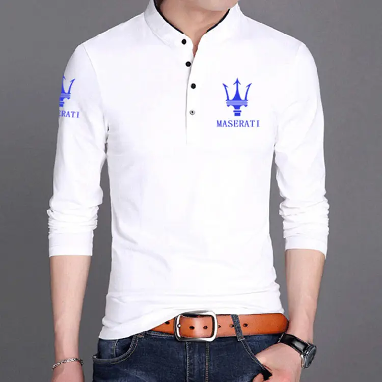 Men Long Sleeve Stand Collar Cotton Printed T-Shirt Large
