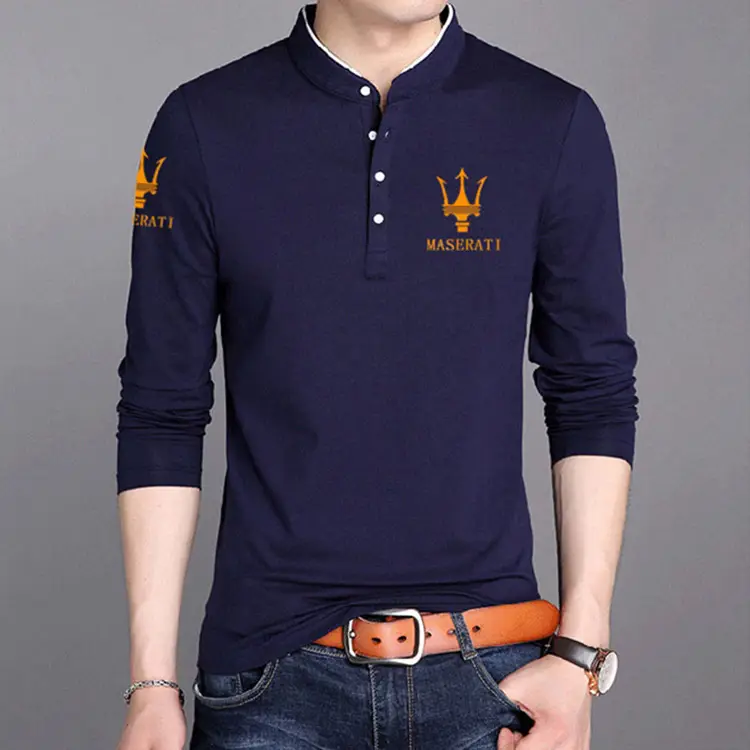 Men Long Sleeve Stand Collar Cotton Printed T-Shirt Large