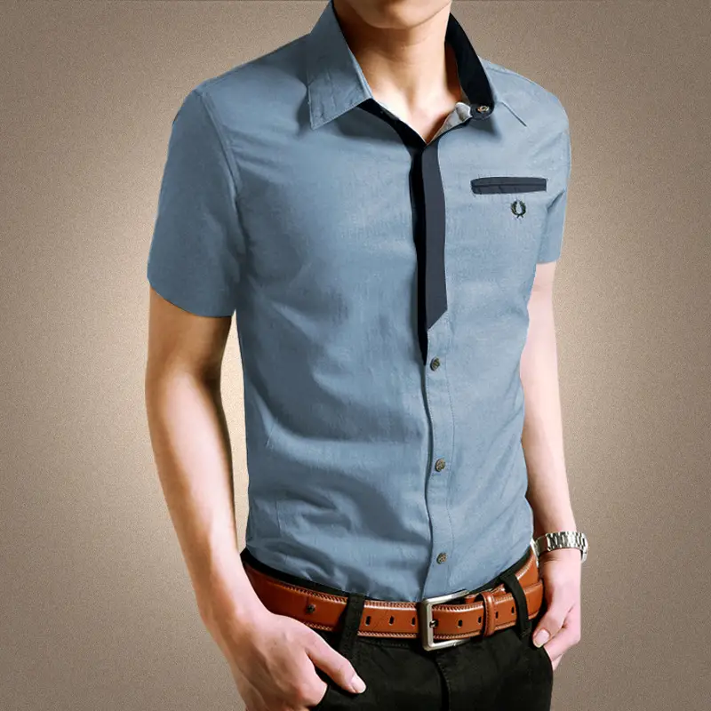 Men Slim Fit Cotton Short Sleeve Shirt Gray