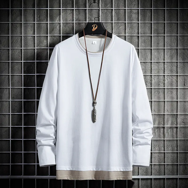 Men Pure Cotton Long Sleeve T-Shirt White Round Neck