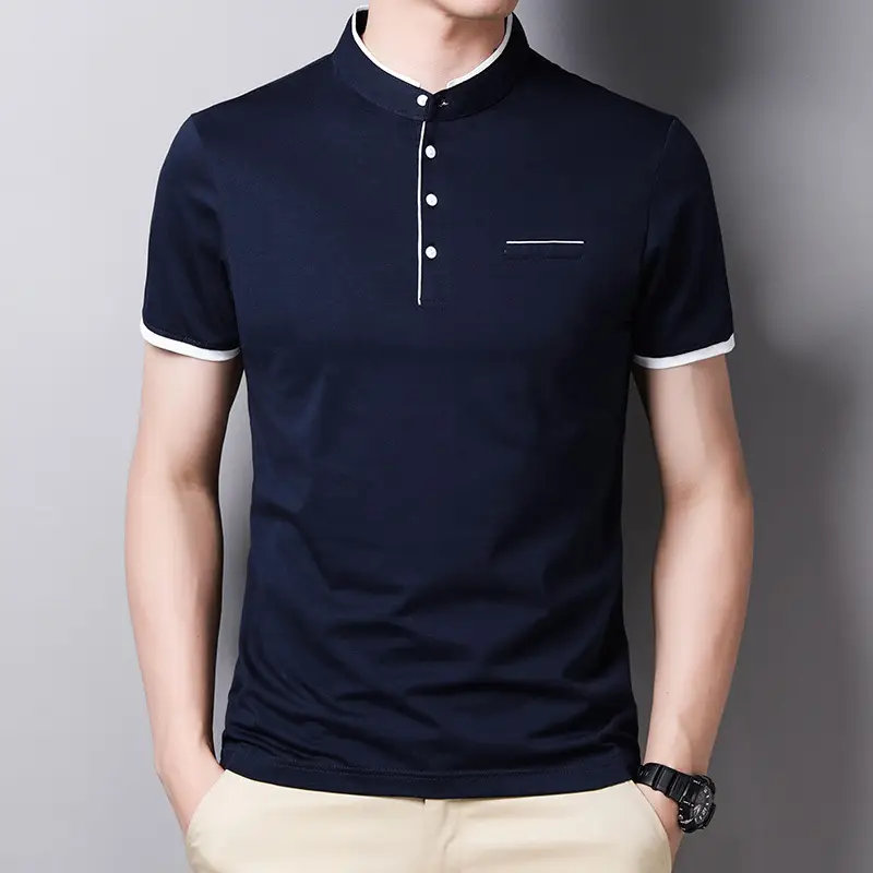 Men Red Collar Short Sleeve Cotton T-Shirt Summer Casual