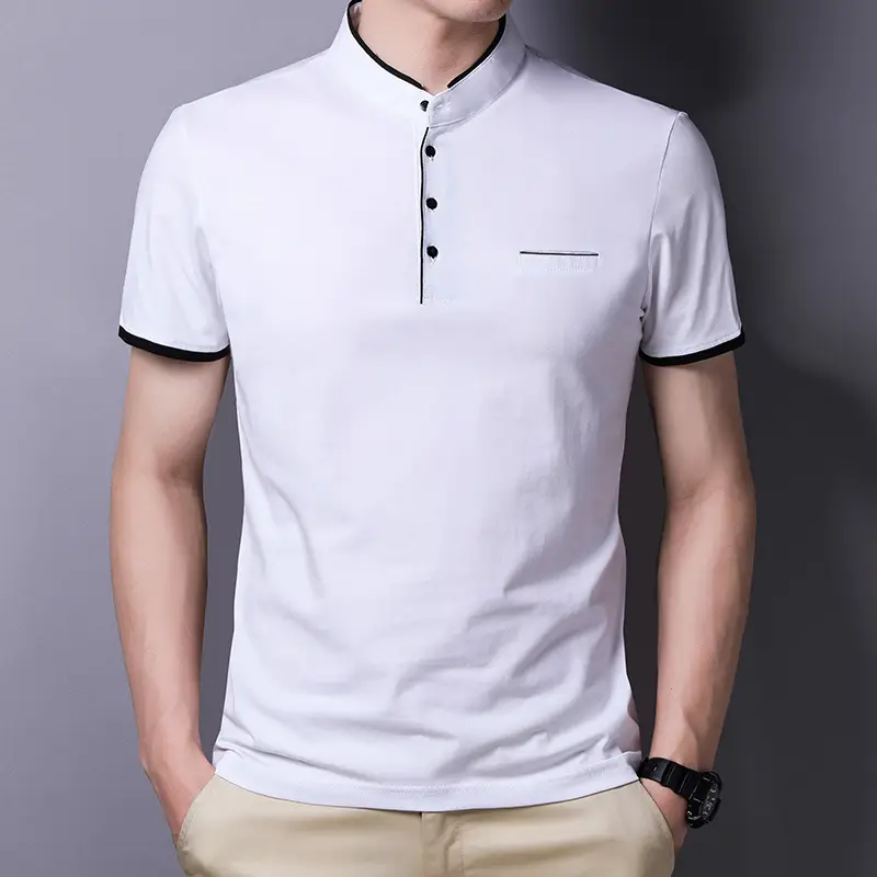 Men Red Collar Short Sleeve Cotton T-Shirt Summer Casual
