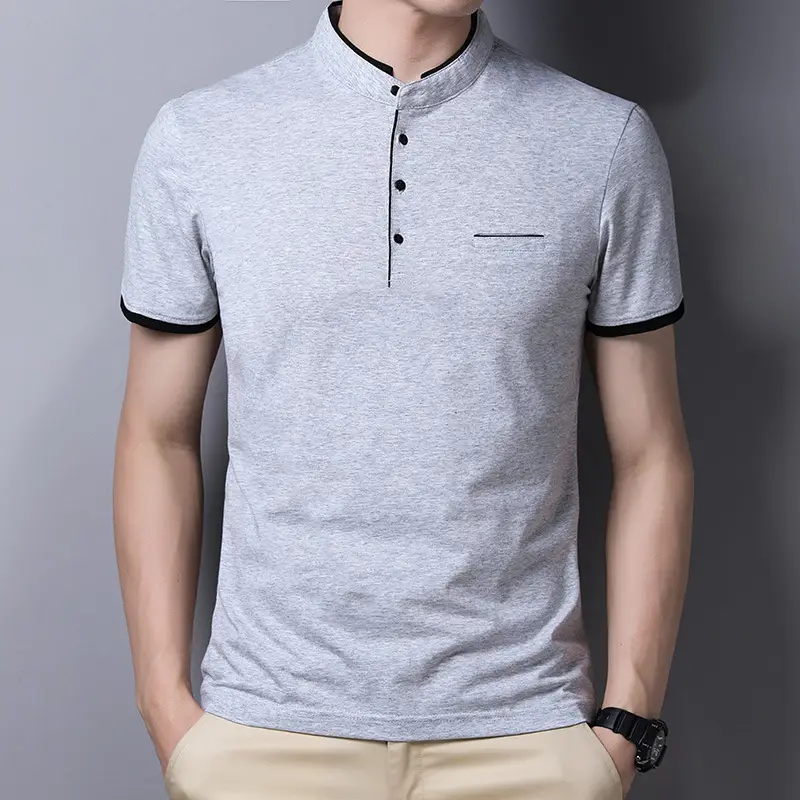 Men Red Collar Short Sleeve Cotton T-Shirt Summer Casual