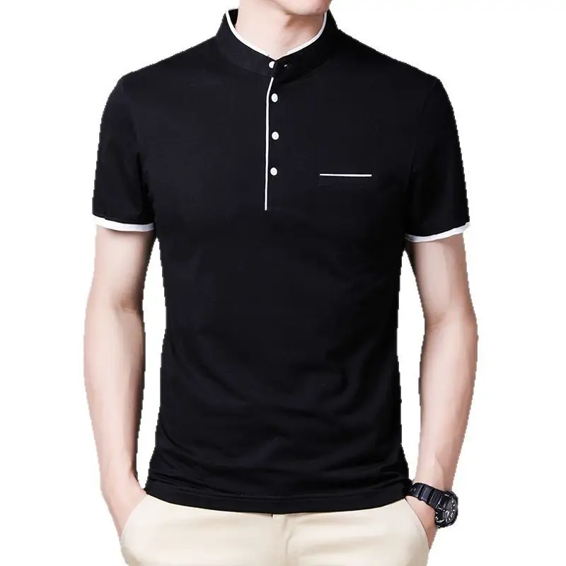 Men Red Collar Short Sleeve Cotton T-Shirt Summer Casual