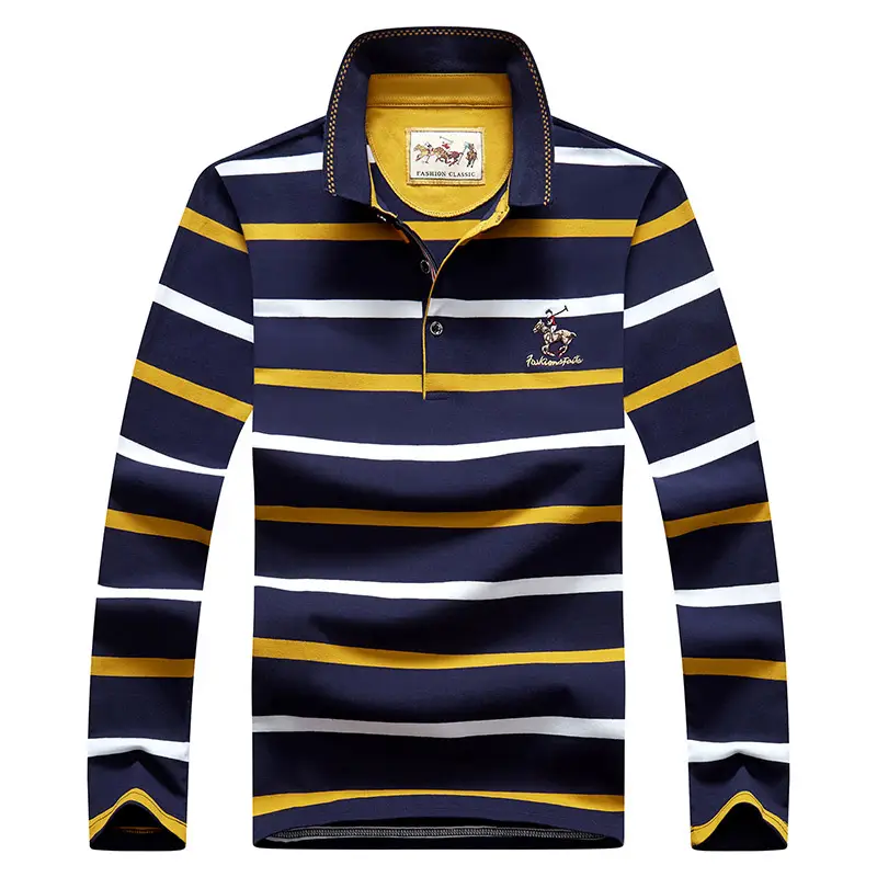 Men Striped Long Sleeve Polo Shirt Cotton Autumn Navy Yellow White