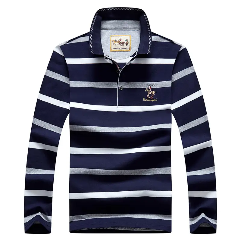 Men Striped Long Sleeve Polo Shirt Cotton Autumn Navy Yellow White