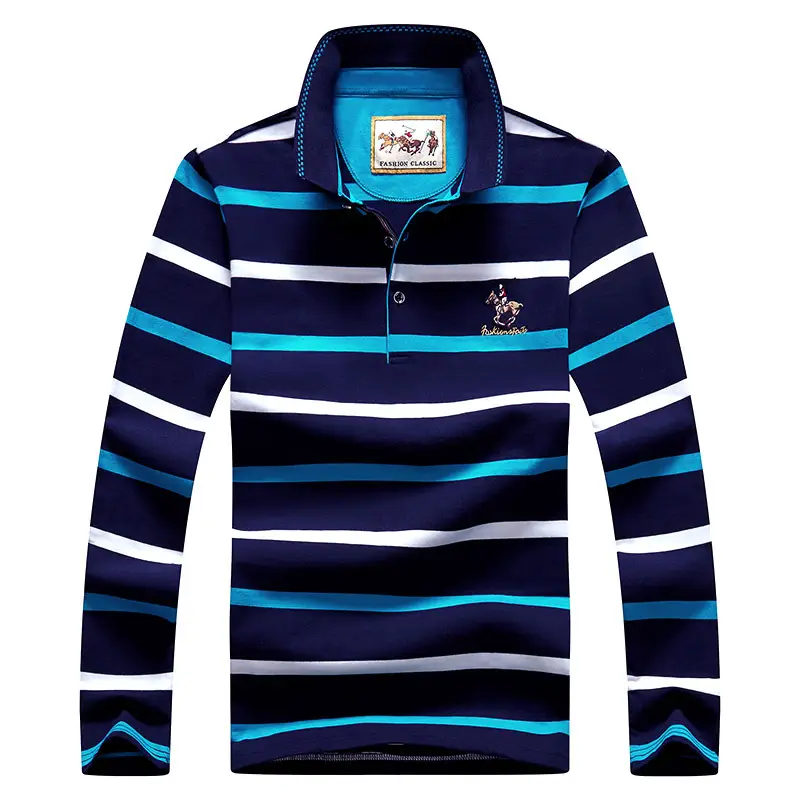 Men Striped Long Sleeve Polo Shirt Cotton Autumn Navy Yellow White