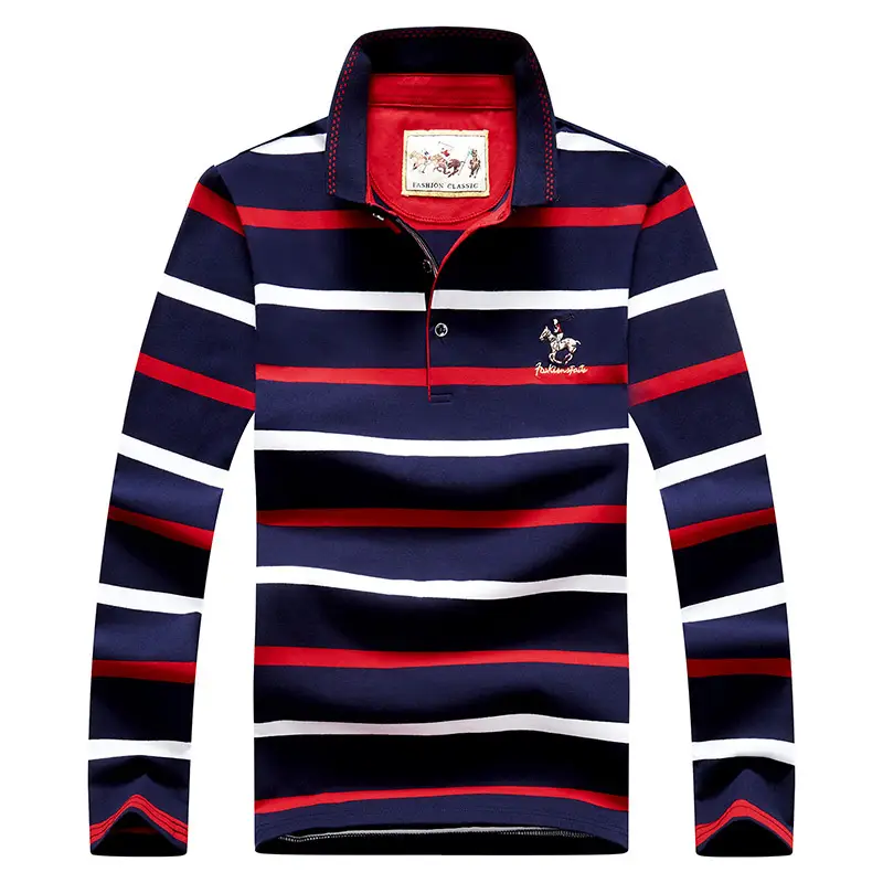 Men Striped Long Sleeve Polo Shirt Cotton Autumn Navy Yellow White