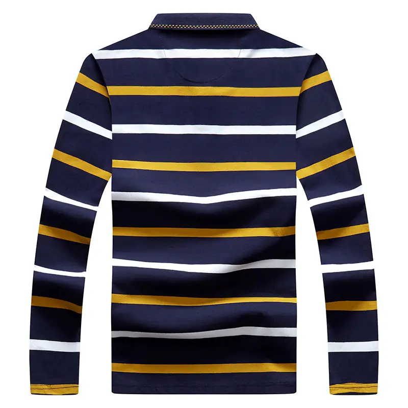 Men Striped Long Sleeve Polo Shirt Cotton Autumn Navy Yellow White