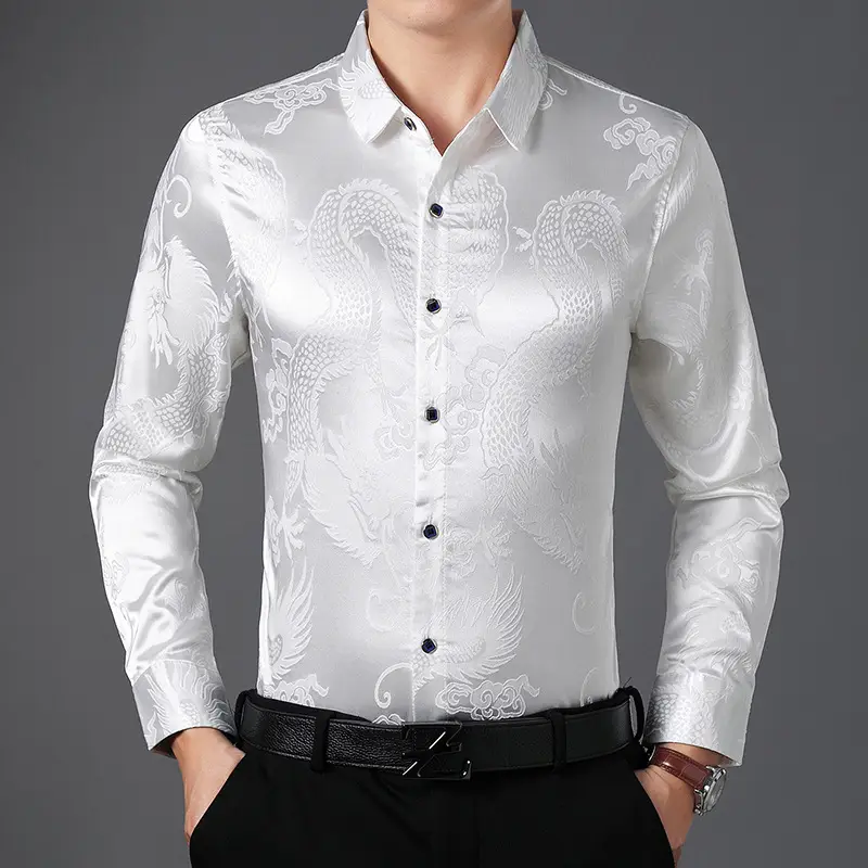 Men Long Sleeve Dragon Shirt White Autumn Casual