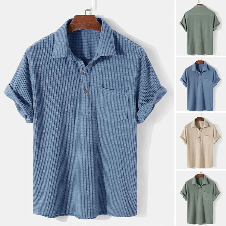 Men Loose Plaid Short Sleeve Shirt Light Blue