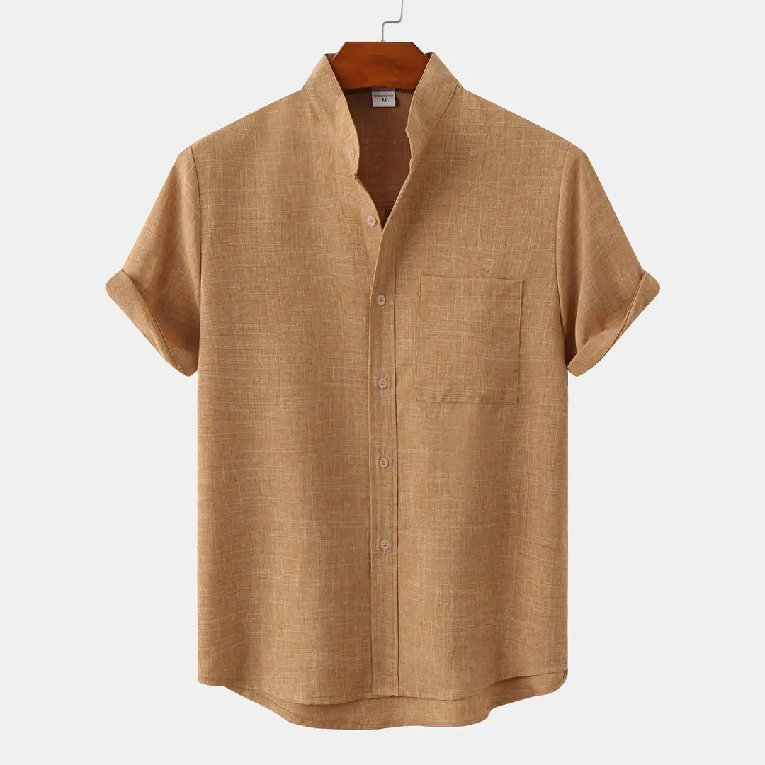 Men Solid Color Cotton Linen Shirt Black Summer