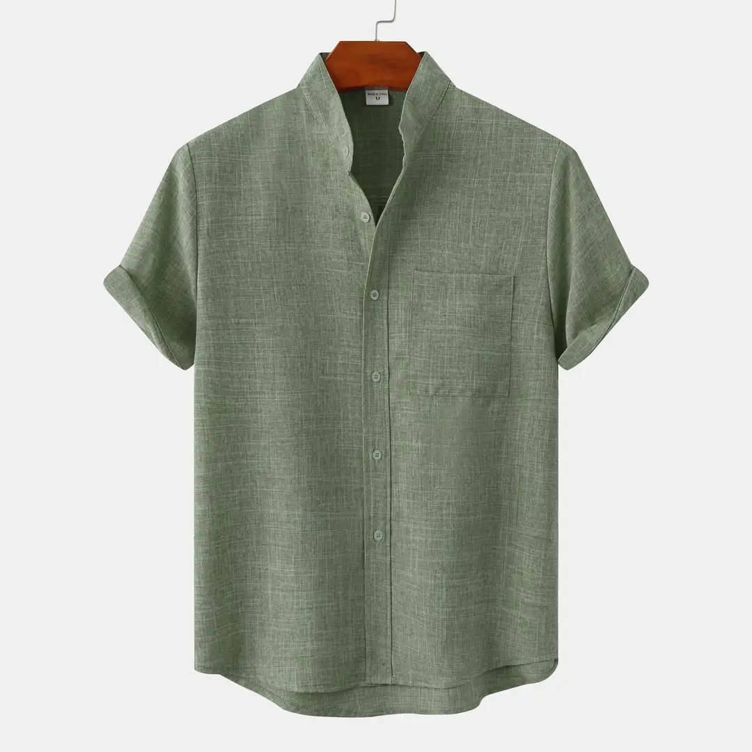 Men Solid Color Cotton Linen Shirt Black Summer