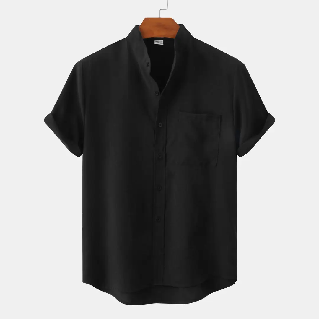 Men Solid Color Cotton Linen Shirt Black Summer