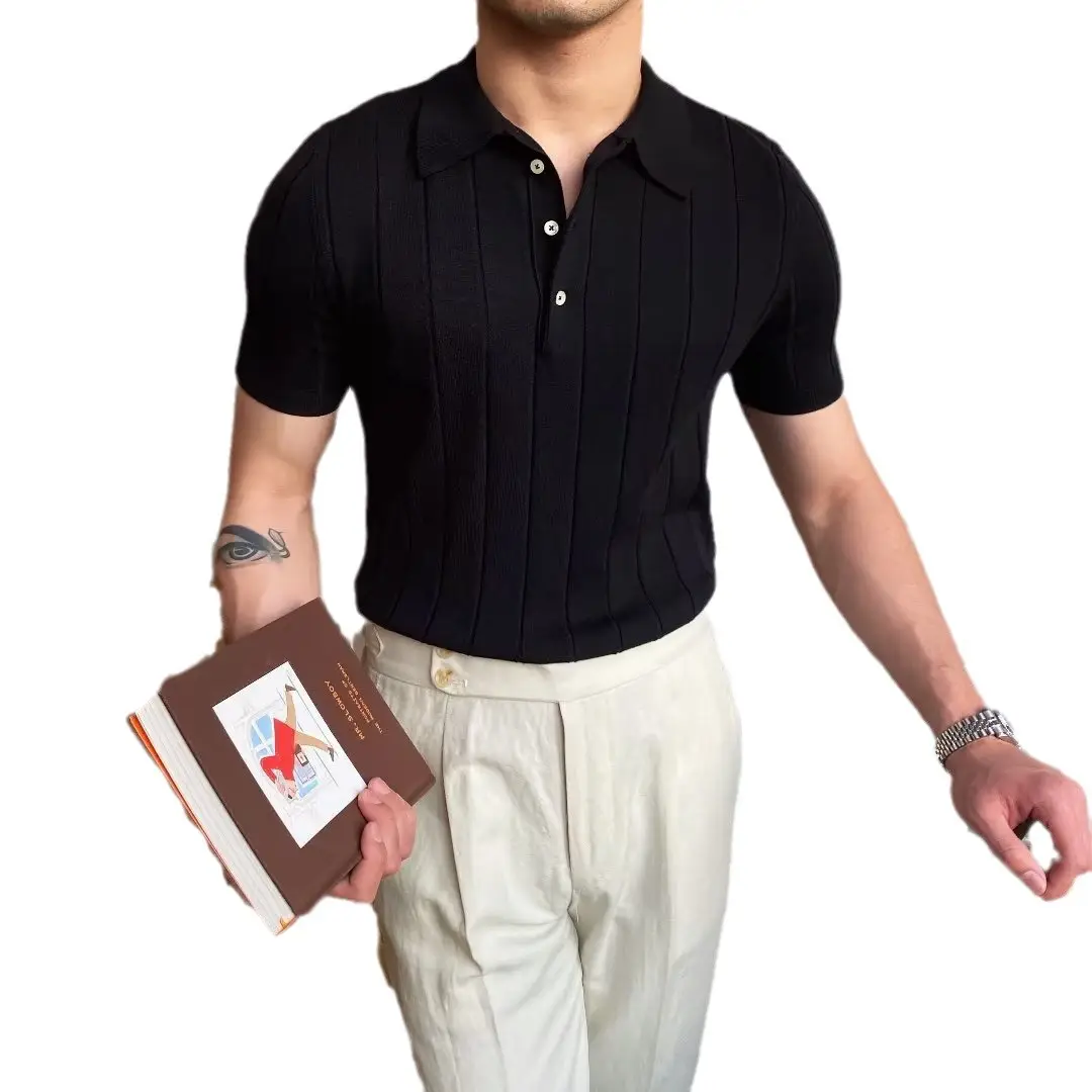 Men Black Ice Silk Polo Shirt Summer Casual