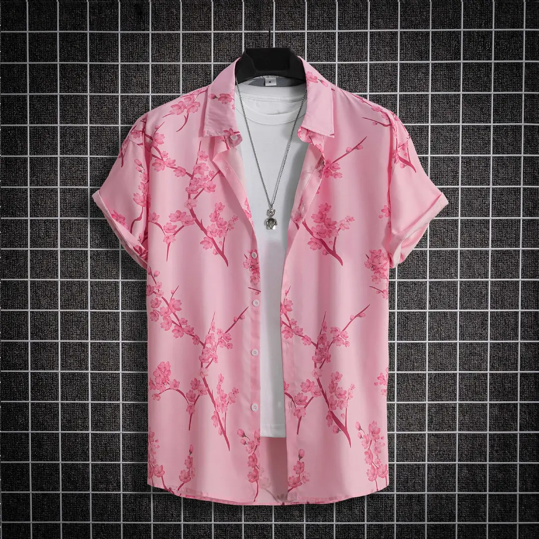 Men Pink Floral Short Sleeve Shirt New Trendy Style