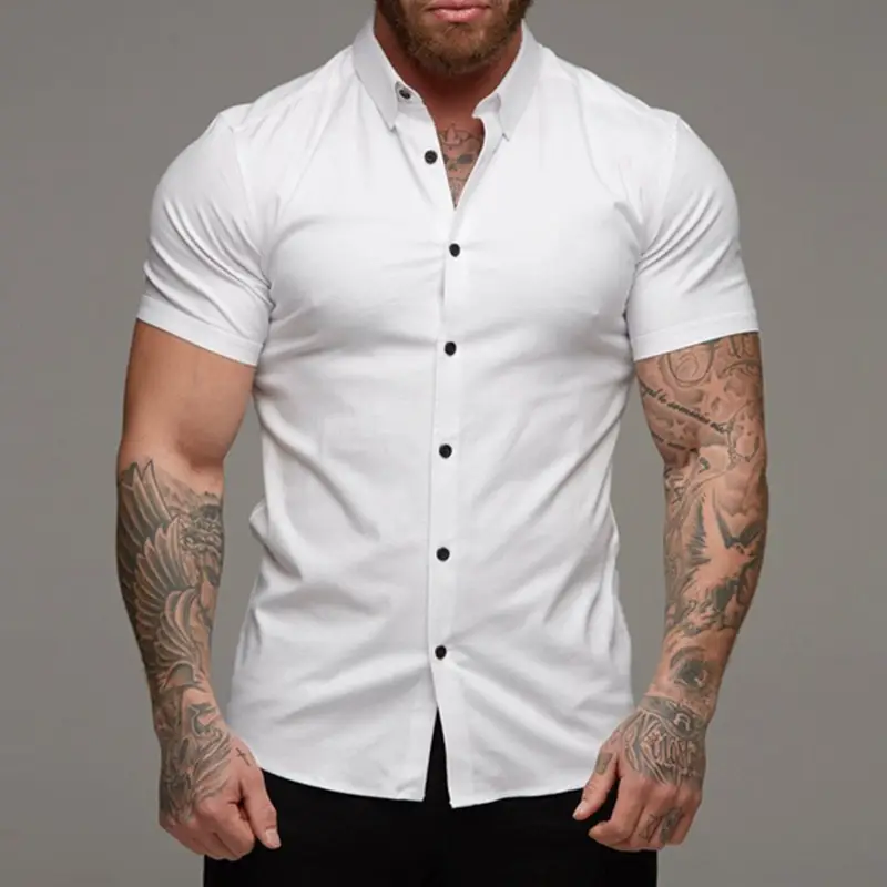 Men Stretch Short Sleeve Casual Shirt White Black Red Green Grey