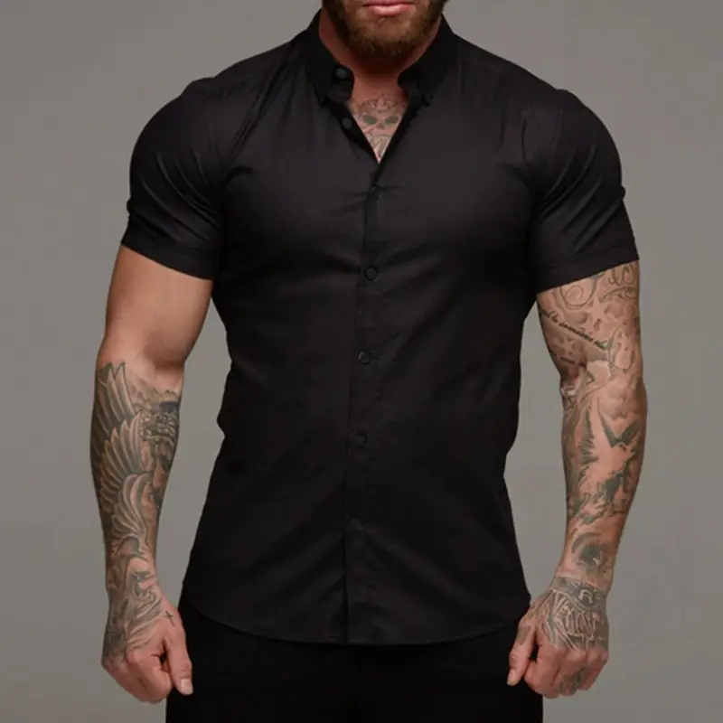 Men Stretch Short Sleeve Casual Shirt White Black Red Green Grey