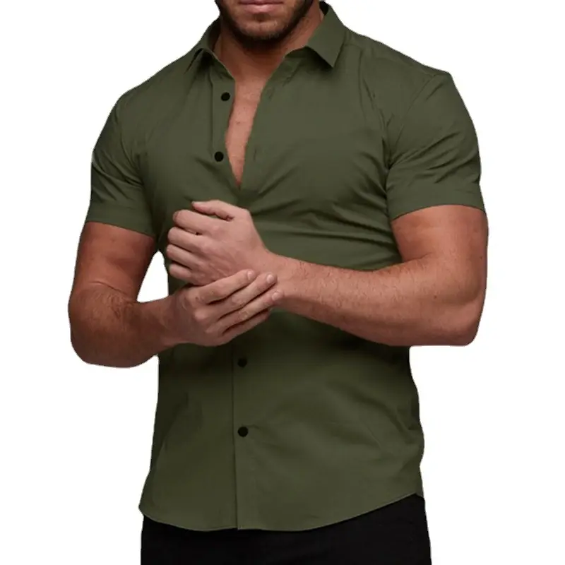 Men Stretch Short Sleeve Casual Shirt White Black Red Green Grey