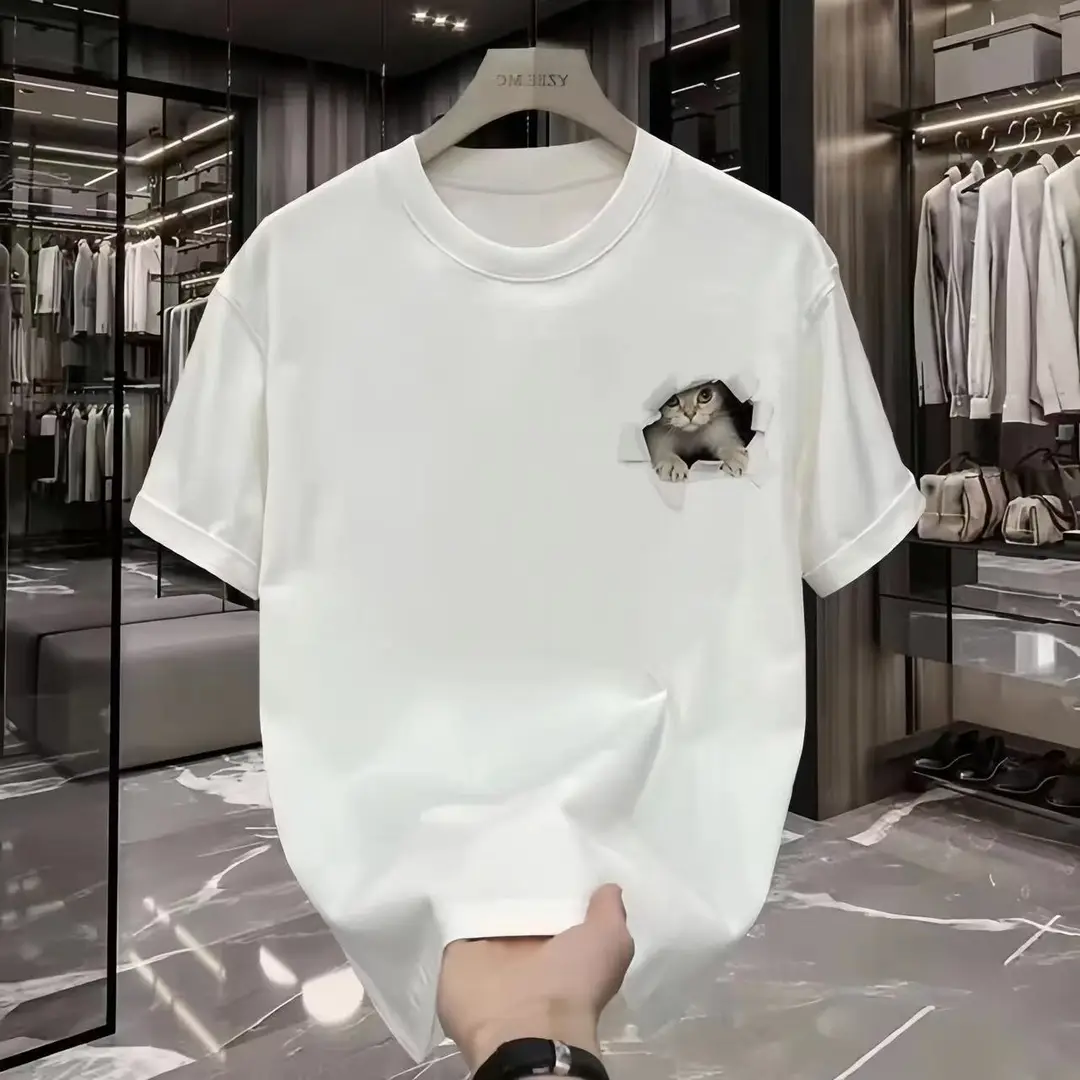 White Cat Print Loose T-Shirt Plus Size Summer